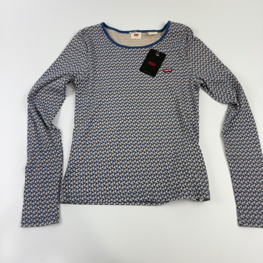 Levi's Womens Long Sleeve Knit Shirt Geometric Pattern Blue Tan‎ M